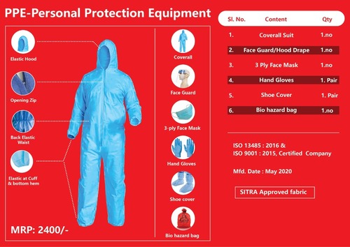 PPE Kit - 90Gsm Full Coverall, 3ply Mask, Face Shield, Hand Gloves, Biohazard Bag | Blue Color, Personal Protection, Standard Shape