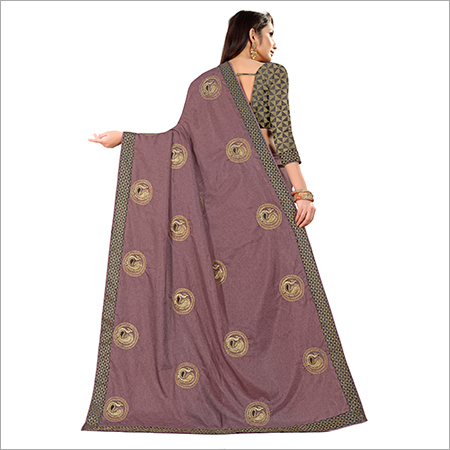Manipuri Silk Saree - Georgette Material, Hand Embroidered Peacock Design, Matching Blouse Included, Geometrical Border Patterns