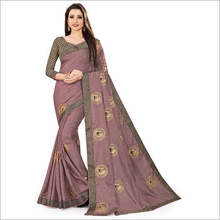Manipuri Silk Saree - Georgette Material, Hand Embroidered Peacock Design, Matching Blouse Included, Geometrical Border Patterns