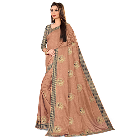 Bhagalpuri Silk Saree - Georgette Material | Lightweight Design With Handmade Peacock Embroidery & Geometric Narrow Border