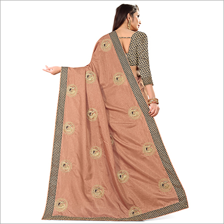 Bhagalpuri Silk Saree - Georgette Material | Lightweight Design With Handmade Peacock Embroidery & Geometric Narrow Border