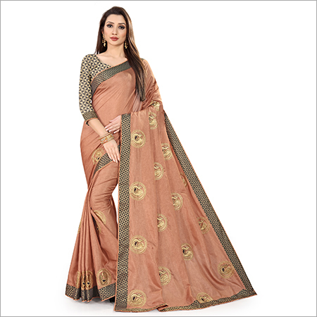 Bhagalpuri Silk Saree - Georgette Material | Lightweight Design With Handmade Peacock Embroidery & Geometric Narrow Border