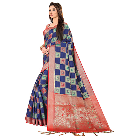 Banarasi Silk Saree - Georgette Material | Geometric Pattern, Majestic Embroidered Border, Easy Care, Long Lasting Color