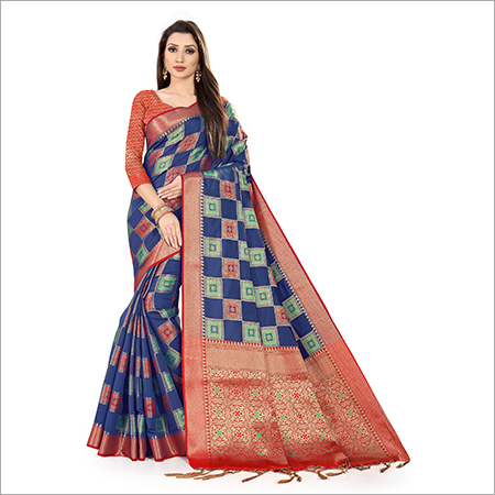 Banarasi Silk Saree - Georgette Material | Geometric Pattern, Majestic Embroidered Border, Easy Care, Long Lasting Color