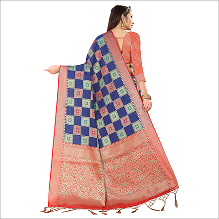 Banarasi Silk Saree - Georgette Material | Geometric Pattern, Majestic Embroidered Border, Easy Care, Long Lasting Color