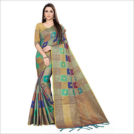 Banaras Weaved Saree - Georgette Fabric, Golden Zari Heavy Embroidery, Glossy Surface With Geometric Design