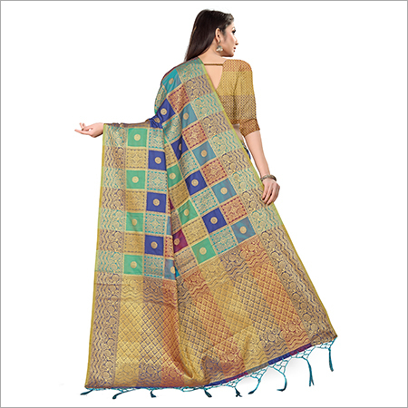 Banaras Weaved Saree - Georgette Fabric, Golden Zari Heavy Embroidery, Glossy Surface With Geometric Design