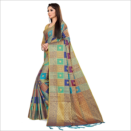 Banaras Weaved Saree - Georgette Fabric, Golden Zari Heavy Embroidery, Glossy Surface With Geometric Design