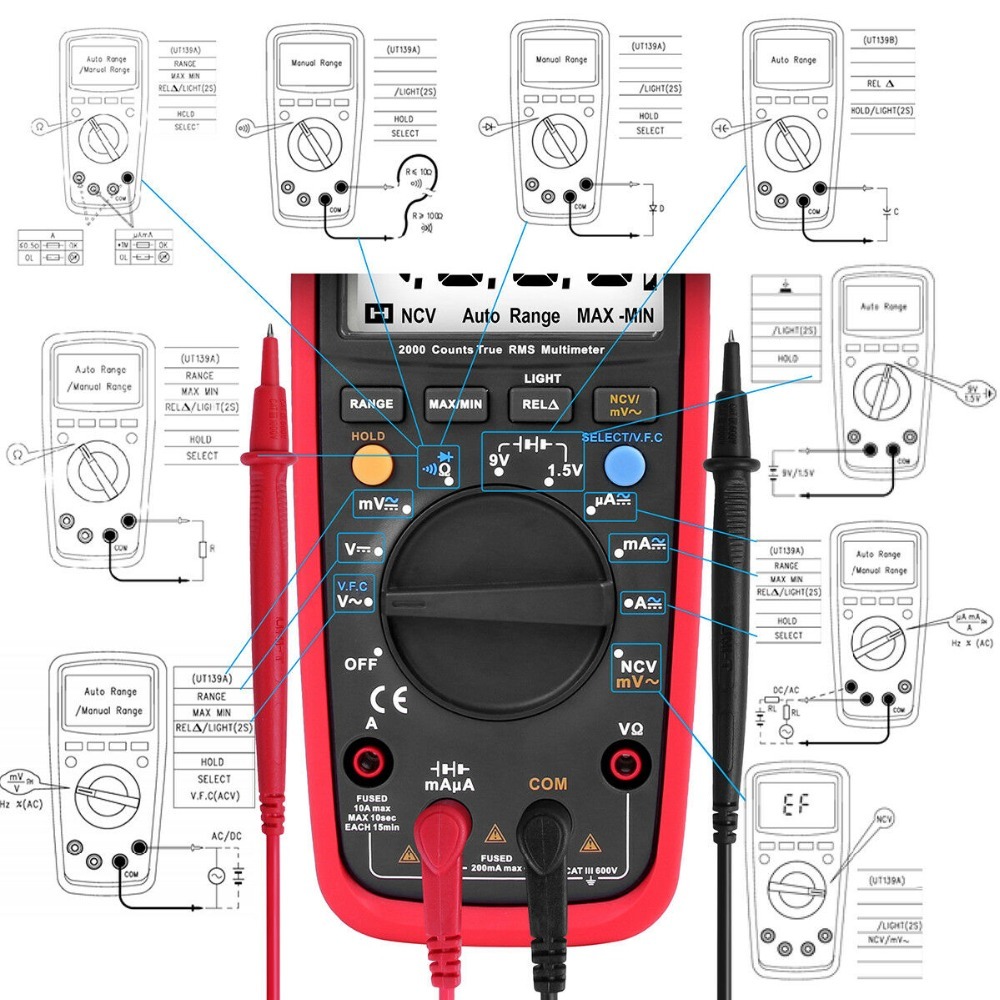 Red And Gray Mini Ut139c Multimeter Rms Ncv W/ Battery Tester Multimetro Lcr Voltage Current Frequency Measurement Meter Lcd