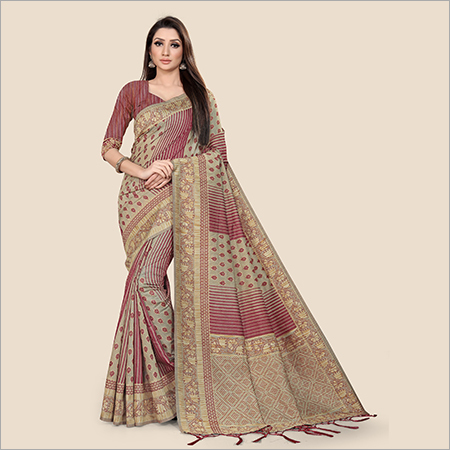 Chanderi Silk Saree - Georgette Material | Elegant Embroidery Border, Printed Design, Lightweight, Easy To Care, Breathable Fabric