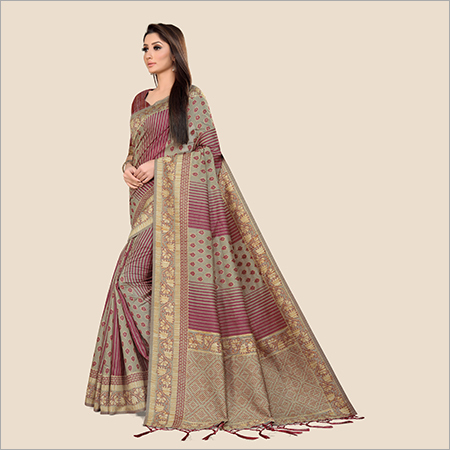 Chanderi Silk Saree - Georgette Material | Elegant Embroidery Border, Printed Design, Lightweight, Easy To Care, Breathable Fabric