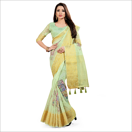 Linen Jacquard Saree - Georgette Fabric, Golden Zari Border, Floral Print Design, Wrinkle Protected, Highly Breathable