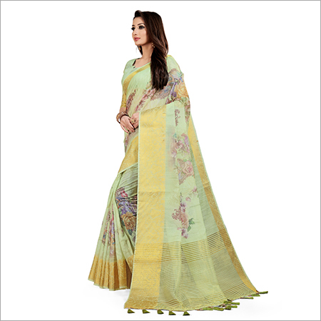 Linen Jacquard Saree - Georgette Fabric, Golden Zari Border, Floral Print Design, Wrinkle Protected, Highly Breathable