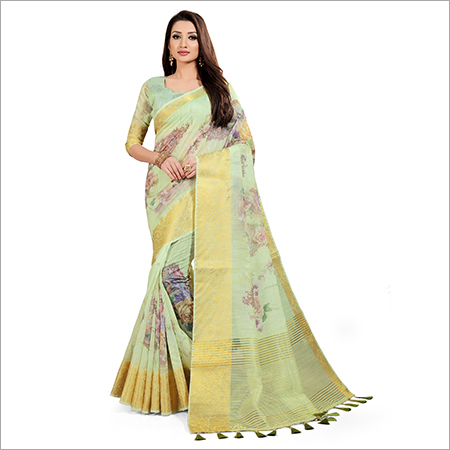 Linen Jacquard Saree - Georgette Fabric, Golden Zari Border, Floral Print Design, Wrinkle Protected, Highly Breathable