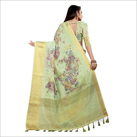 Linen Jacquard Saree - Georgette Fabric, Golden Zari Border, Floral Print Design, Wrinkle Protected, Highly Breathable