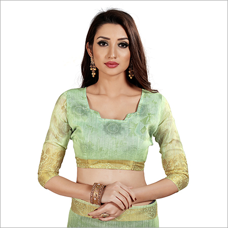 Linen Jacquard Saree - Georgette Fabric, Golden Zari Border, Floral Print Design, Wrinkle Protected, Highly Breathable
