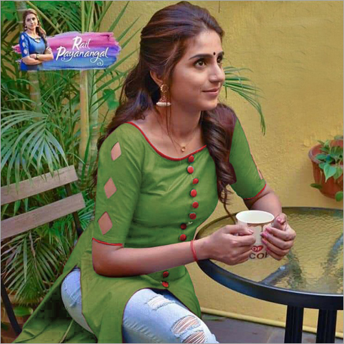 Ladies Fancy Kurti - Cotton Blend, L, M, Xl, Xxl, Green | Trendy Party Wear, Casual, Ethnic, Short Sleeve, Washable, Quick Dry