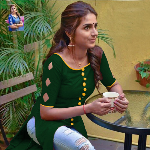 Ladies Fancy Kurti - Cotton Blend, L, M, Xl, Xxl, Green | Trendy Party Wear, Casual, Ethnic, Short Sleeve, Washable, Quick Dry