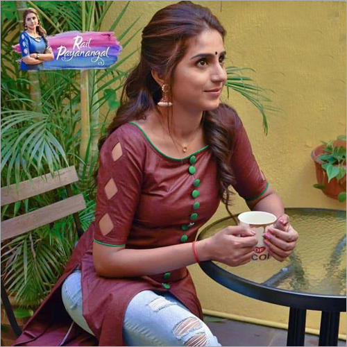 Ladies Round Neck Kurti - Smooth Fabric, Size M-xxl, Brown Color | Short Sleeve, Ethnic Casual Style, Quick Dry, Washable, No Fade