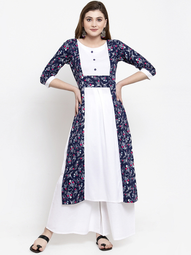 Blue White Rayon Printed Kurtis With Plazzo
