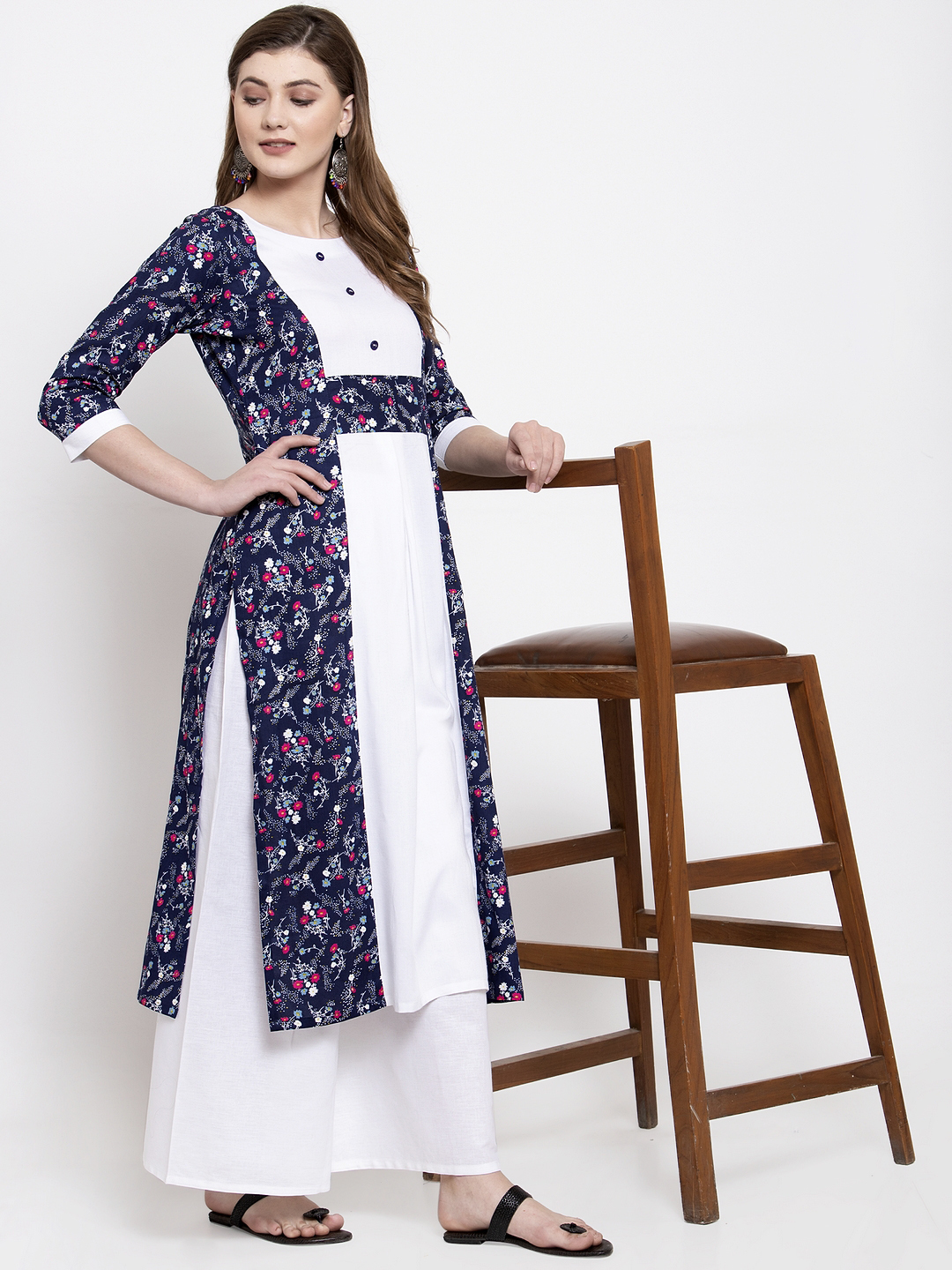 Blue White Rayon Printed Kurtis With Plazzo