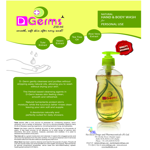 D Germs Hand And Body Wash - 250 Ml Pump Bottle | Herbal Ingredients, Detoxifying, Natural Disinfectant, Dermatologically Tested