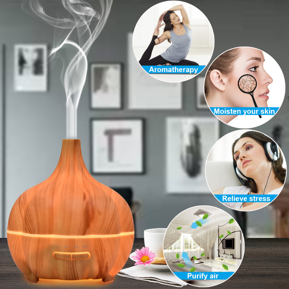 Aroma Essential Oil Diffuser - 400ml Ultrasonic Humidifier, Black & Wood Grain Finish | Aromatherapy, Mist Output 600ml/day, 30ml/h Capacity, Tabletop Use, Night Light, Manual Humidity Control