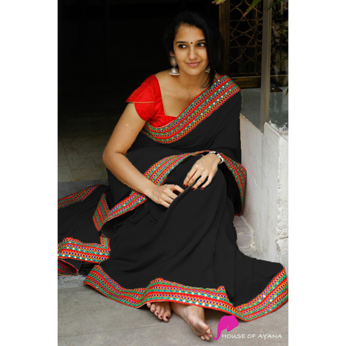 ANAYA Black Designer Saree - Smooth Fabric Material, Thick Border, Elegant Plain Design | Ideal for Festivities, Functions and Gifting