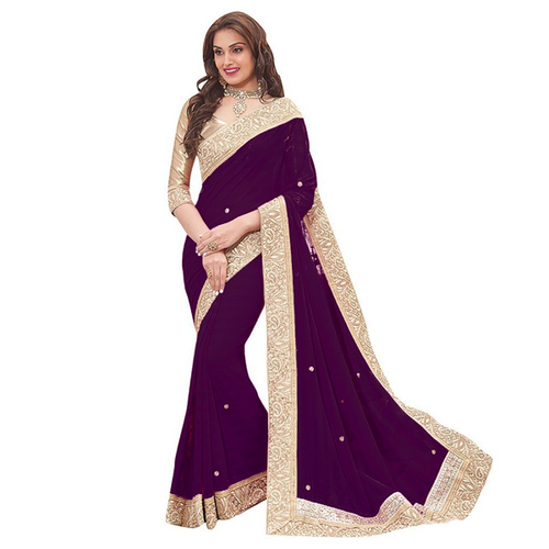 Heavy Border Patta Saree - Cotton Blend, Purple Color | Party Wear, Plain Pattern, Suitable For Rainy, Spring, Summer, And Winter Seasons