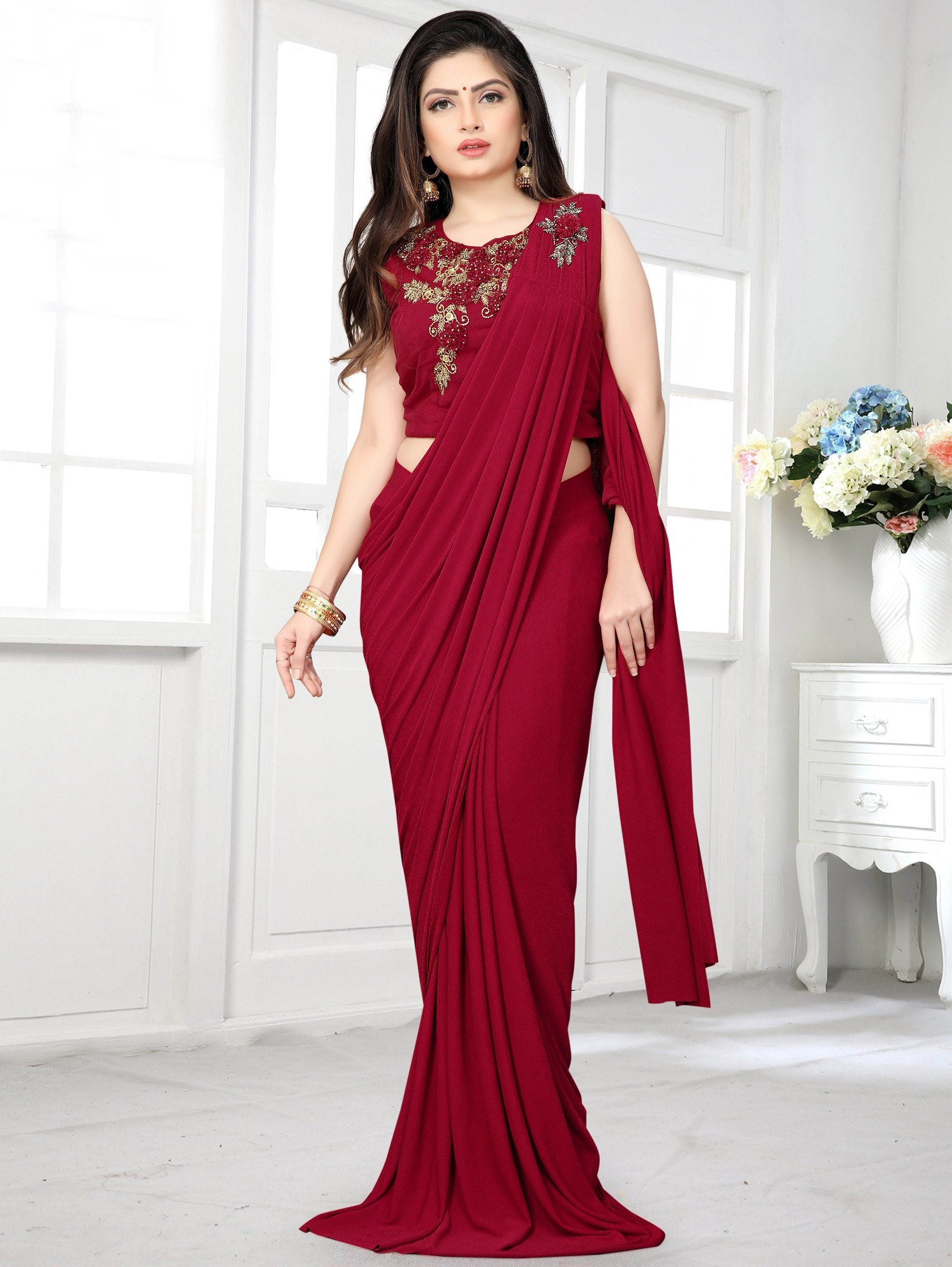 Maroon Lycra Semi-stitched Fancy Blouse - 6.5 Meter Length, Hand-worked Patch Details, Short Sleeves, Quick Dry Material, Customizable Logo