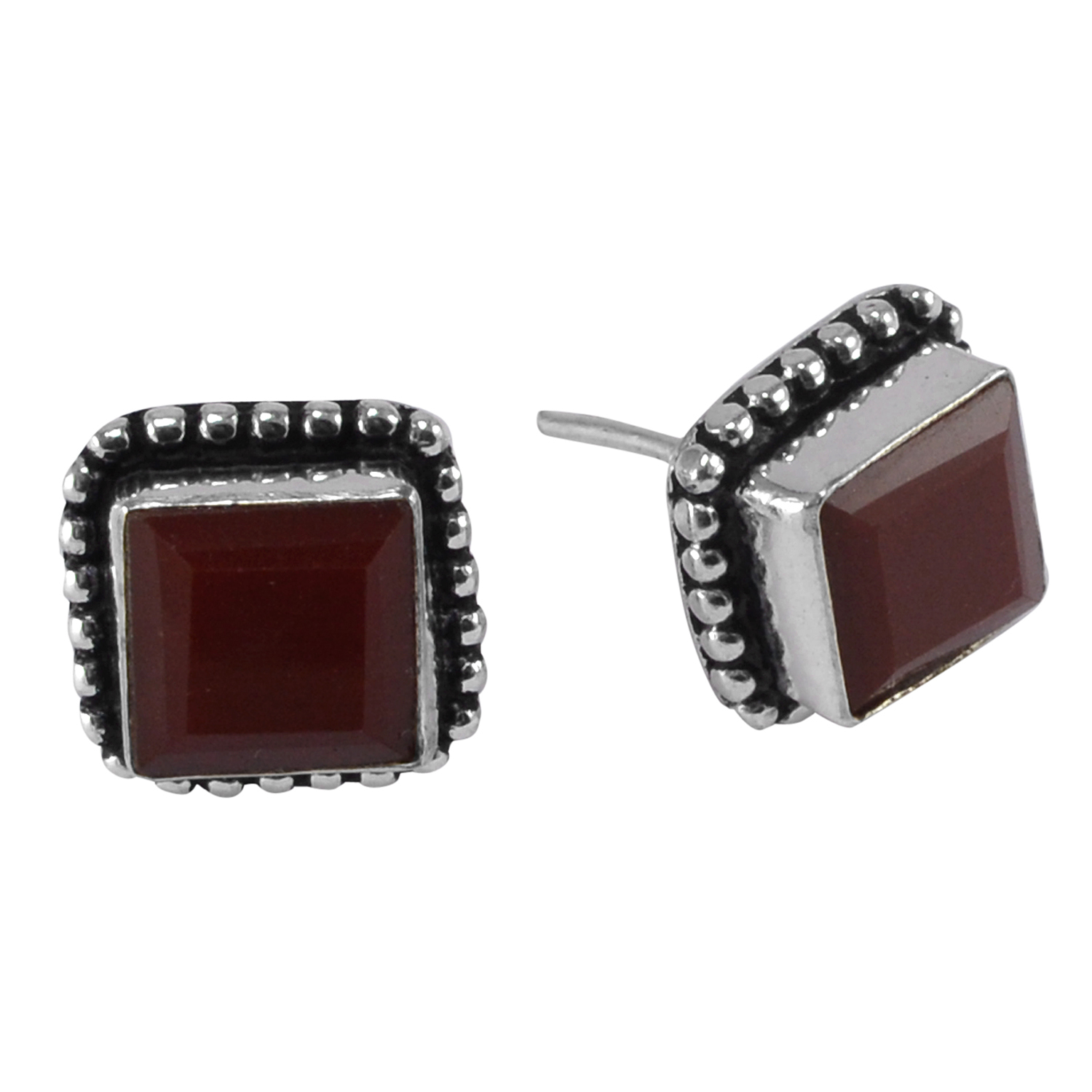 Silver Sterling Red Onyx Gemstone Stud Earrings - 1.3x1.3 Cm, 10x10 Mm Onyx Stones For Anniversary, Engagement, Gift, Party, Wedding