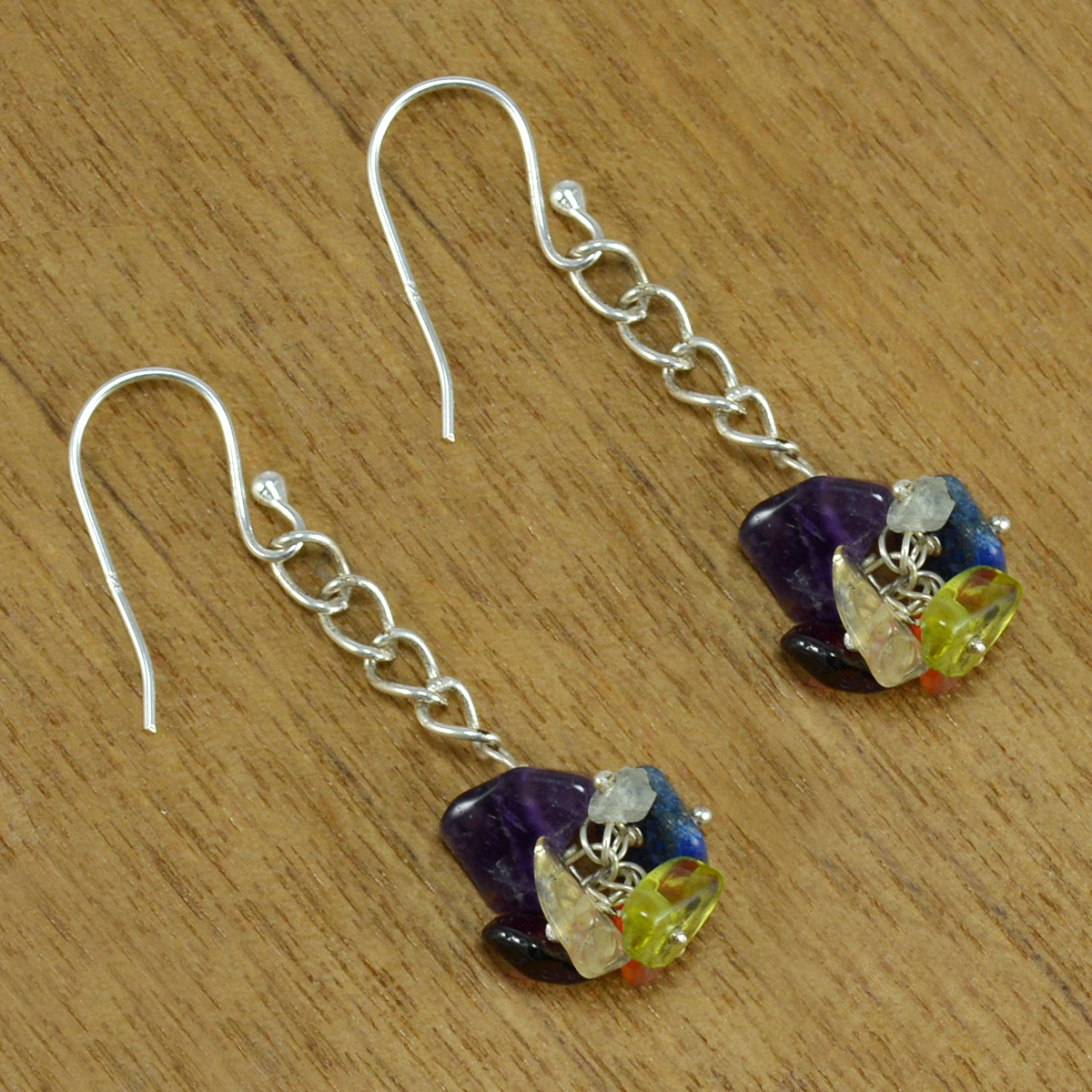 Multi Gemstone Dangle Earrings - 925 Sterling Silver, 1x4.4 Cm Size, Perfect For Anniversaries And Weddings