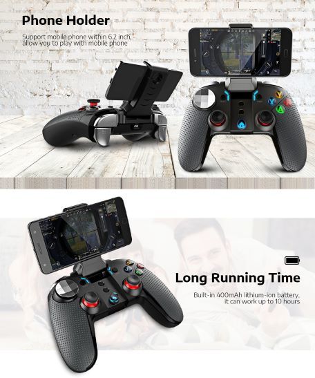 Pg-9099 Wireless Bluetooth Gamepad Gaming Controller Joystick Dual Motor Turbo Telescopic Holder: Built-in Phone Holder