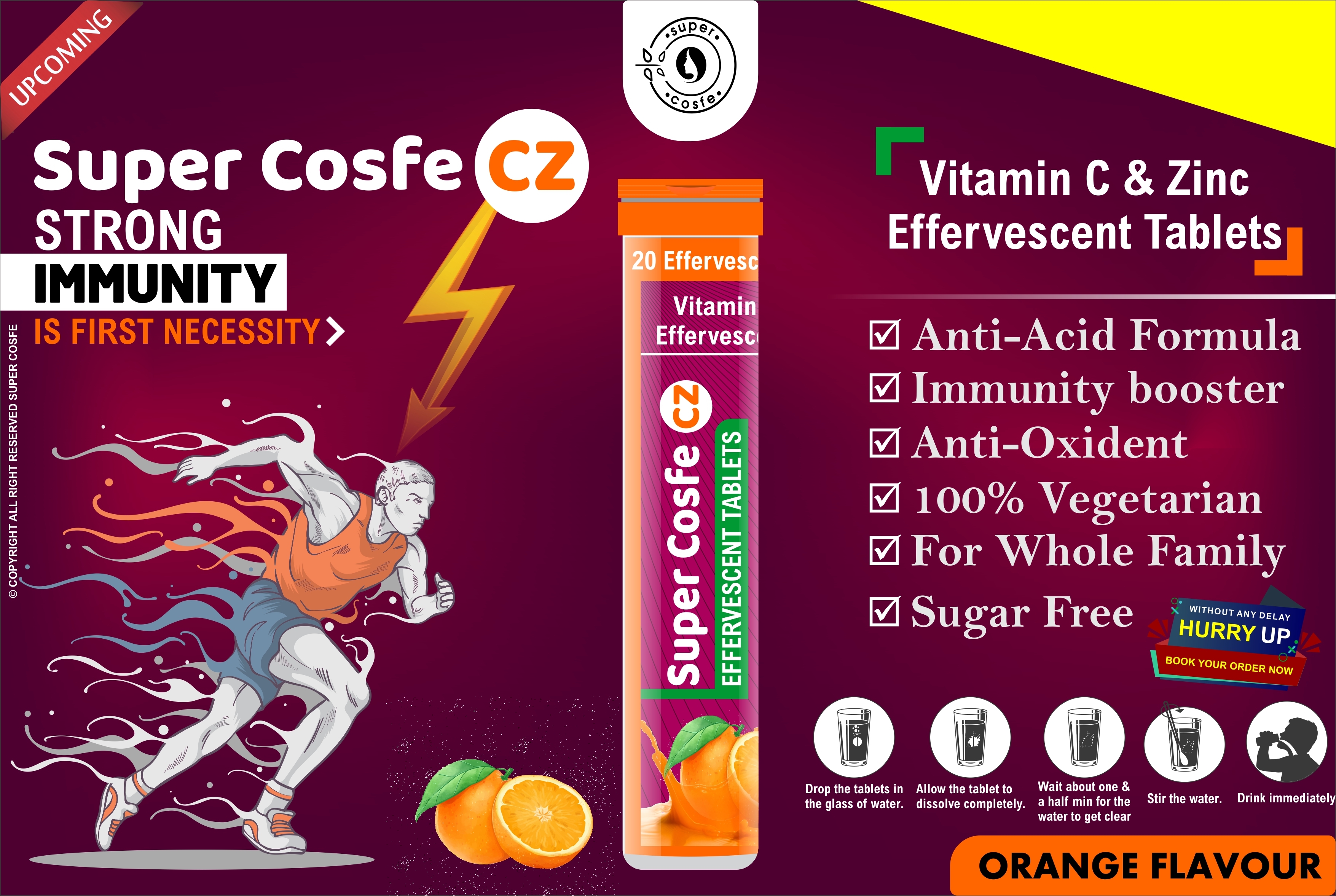 Super Cosfe Czvitamin C & Zinc Effervescent Tablets - Anti-acid, Immunity Booster , 100% Vegetarian & Sugar Free For Whole Family