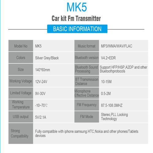 Mk5 Bluetooth Car Kit Mp3 Player Fm Transmitter Hands-free Car Kit Warranty: One Year