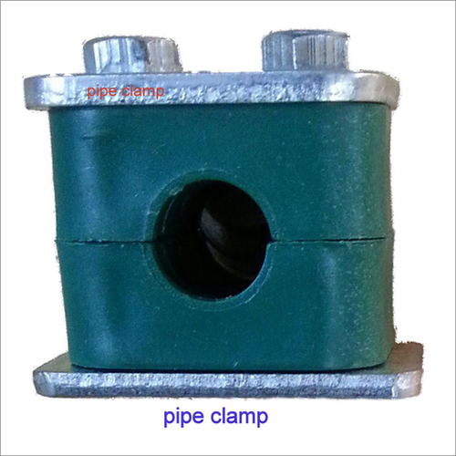 Pipe Clamp - Plastic and Metal, Standard Size, Green, Rigid, Bolt Fastening with Threaded Connection, Rectangular Shape with Circular Opening
