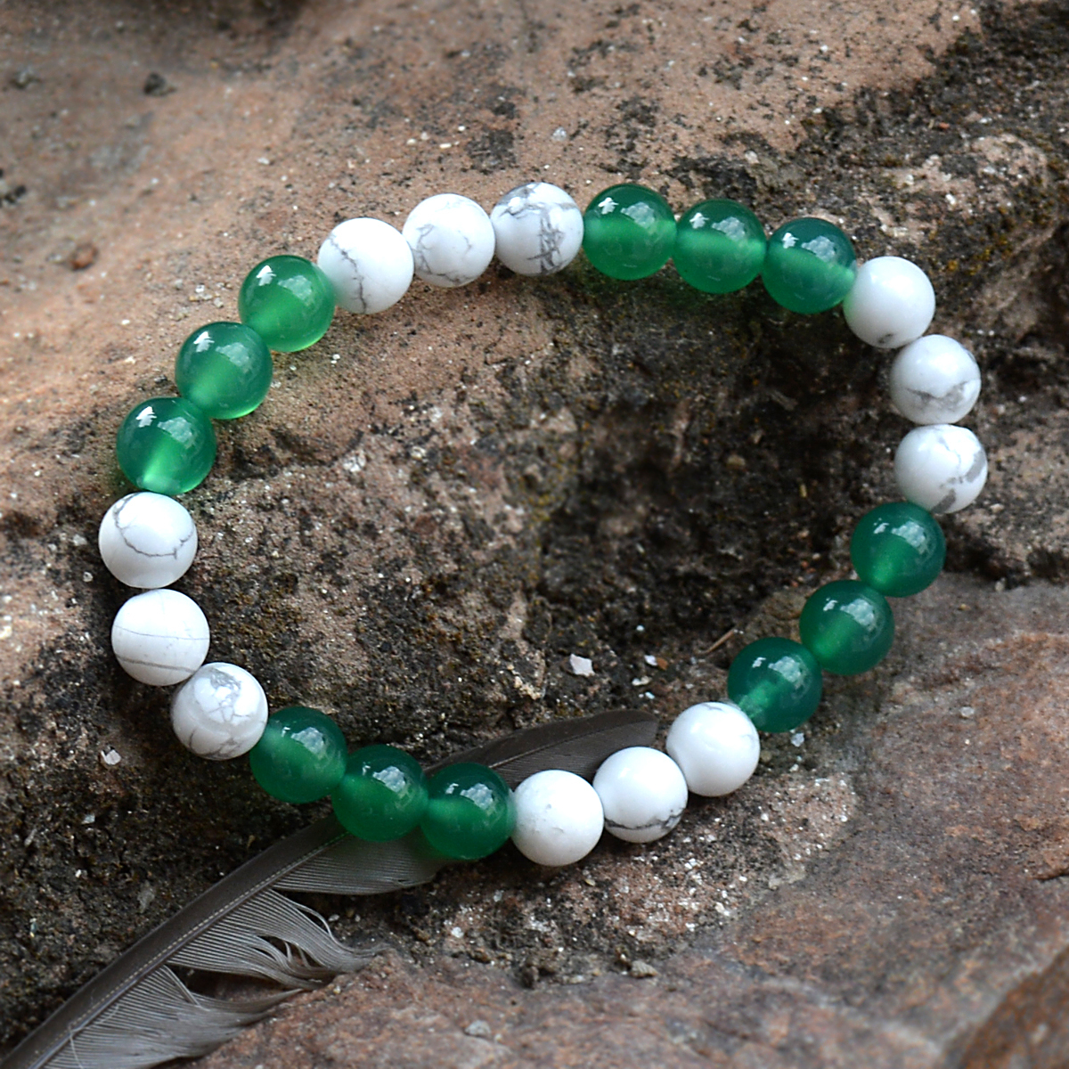 Howlite & Green Crystal Bracelet - 8 Mm Stretchable | Handmade Layering Healing Jewelry