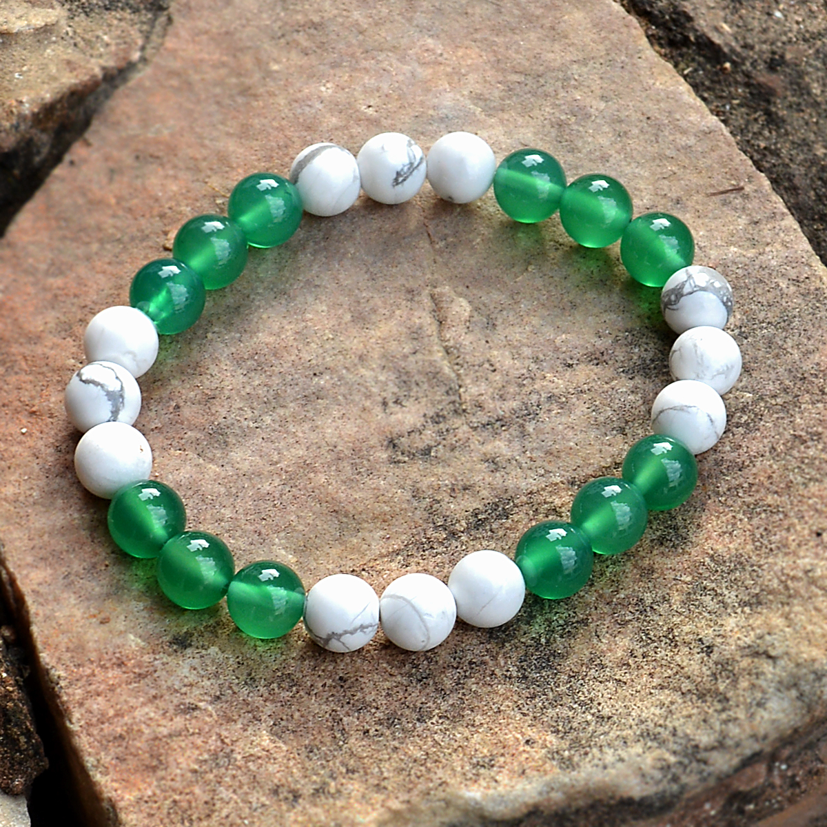 Howlite & Green Crystal Bracelet - 8 Mm Stretchable | Handmade Layering Healing Jewelry