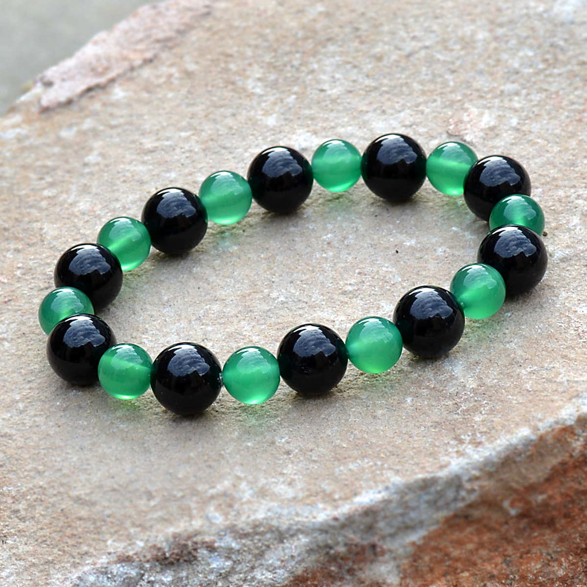 Green Crystal & Black Onyx Stretchable Bracelet - 8 & 10 Mm Beads, Handmade Layering Jewelry