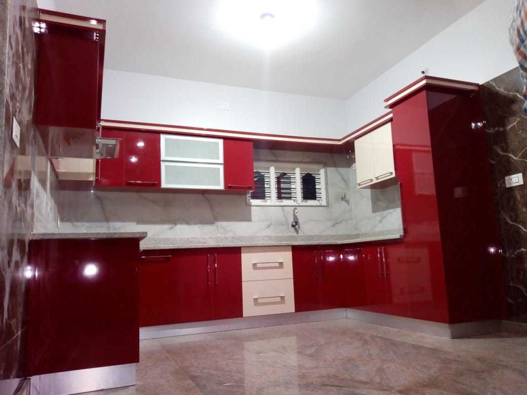 Modular Kitchen - 16mm Waterproof Plywood With Frosty White Laminate, Red L-shaped Cabinet, Granite Countertop, Space Saving And Stylish Design, Easy To Clean