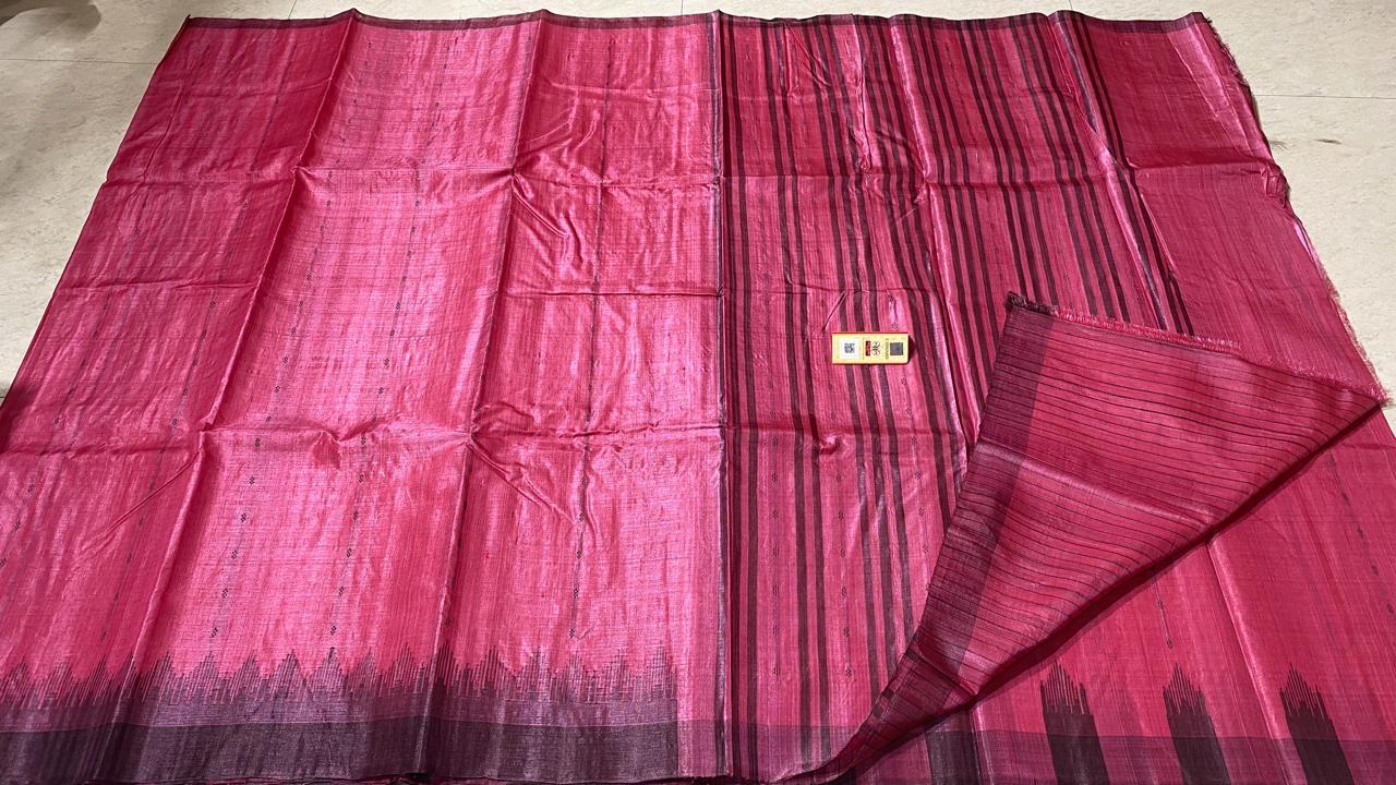 Pure Tussar Silk Temple Border Saree - Plain Design With Blouse | Ideal For Party Wear, Suitable For All Seasons And Handmade Silk Weaves
