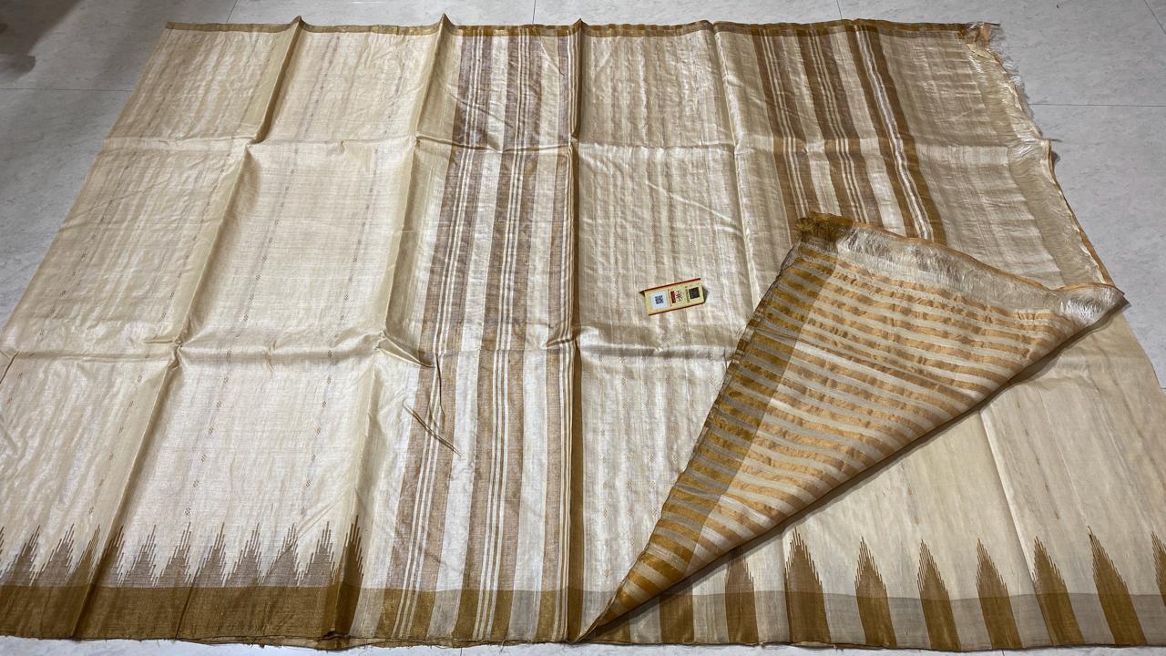 Pure Tussar Silk Temple Border Saree - Plain Design With Blouse | Ideal For Party Wear, Suitable For All Seasons And Handmade Silk Weaves