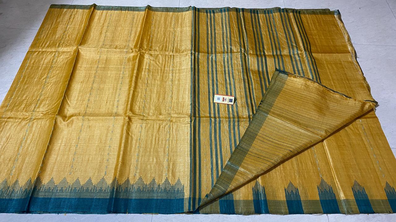 Pure Tussar Silk Temple Border Saree - Plain Design With Blouse | Ideal For Party Wear, Suitable For All Seasons And Handmade Silk Weaves