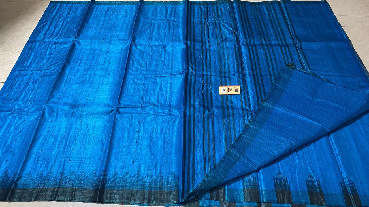 Pure Tussar Silk Temple Border Saree - Plain Design With Blouse | Ideal For Party Wear, Suitable For All Seasons And Handmade Silk Weaves