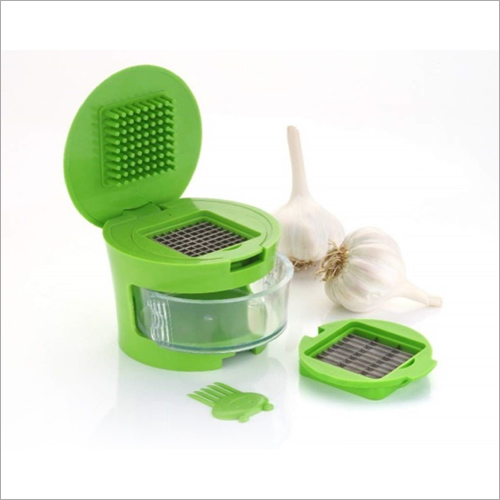 Garlic Cutter - Plastic & Metal, Green Color | Slice, Dice or Grate Garlic Instantly, Store Odor-Free in Clear Removable Container