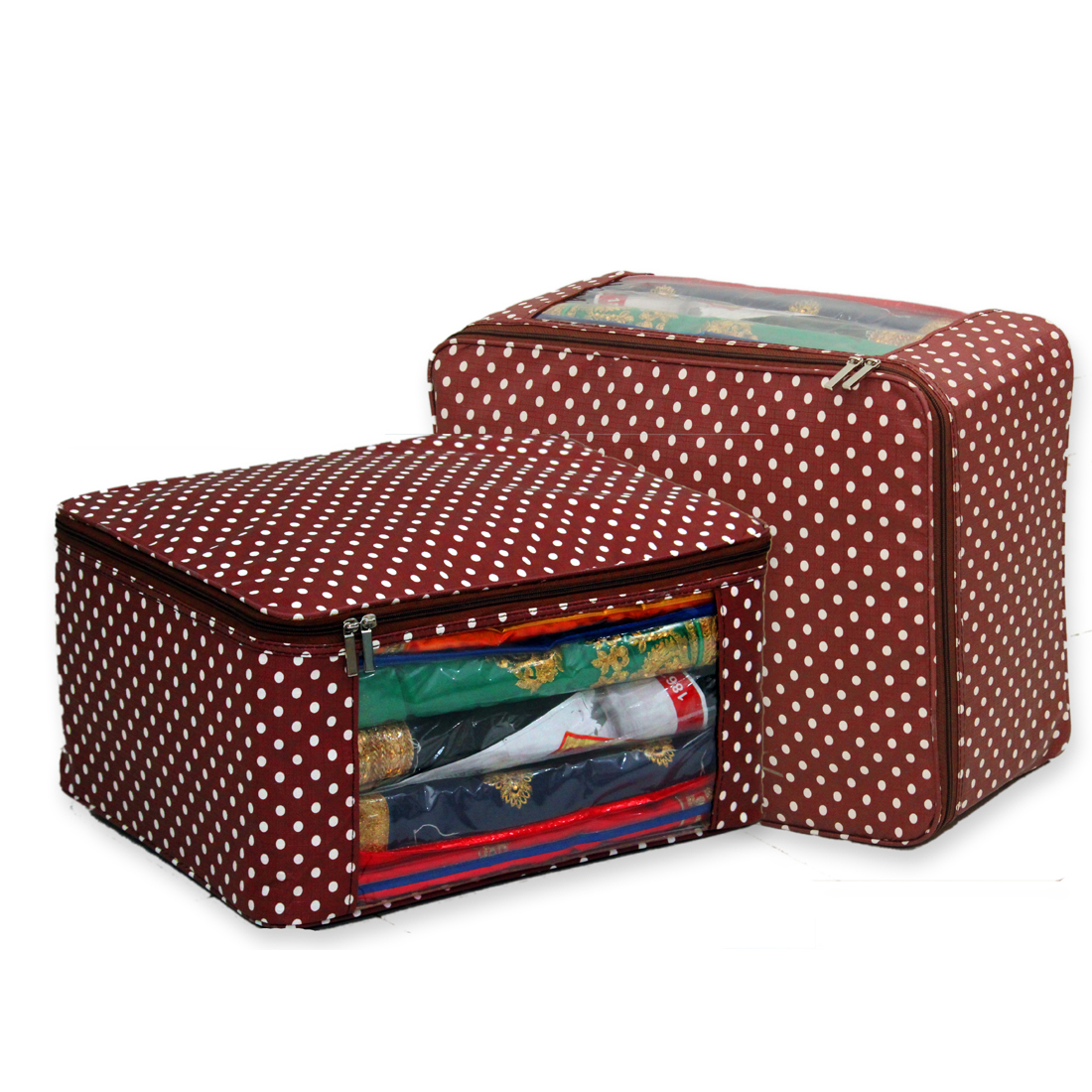 Multi Saree Packing Bag - Imported Printed Fabric, 17x14x9 Inches | Brown Color, 150 Micron Transparent Pvc, Holds Up To 12 Regular Or 6 Heavy Saris