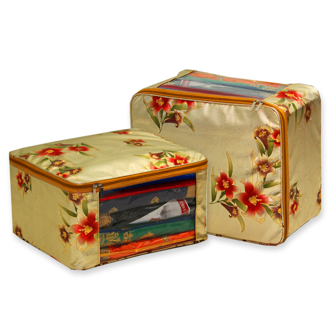 Flower Design Golden Back Cover Multi Saree Packing Bag - Imported Printed Fabric, 17x14x9 Inch | Transparent Pvc, Holds 11-12 Sarees