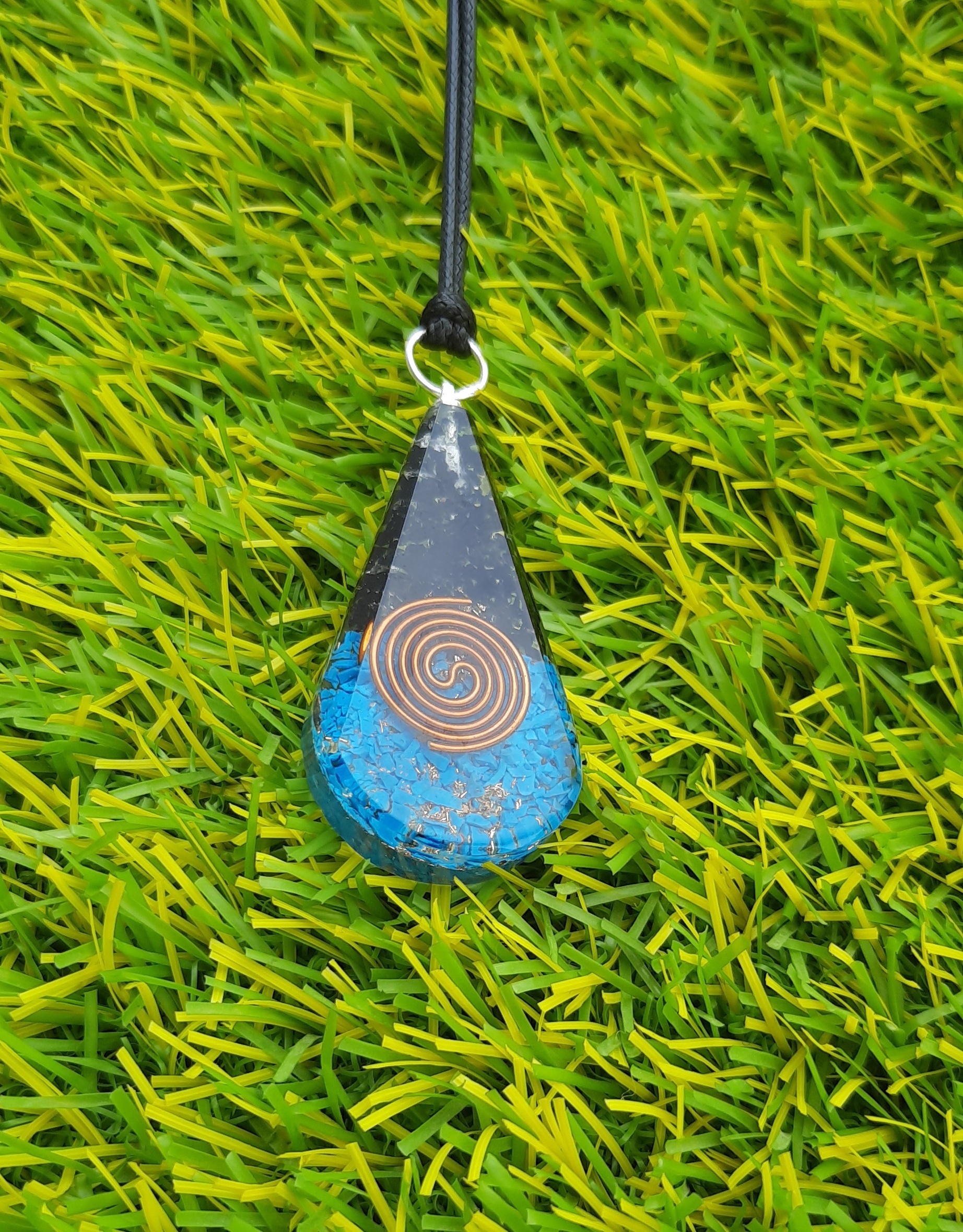 Orgone Healing Teardrop Pendant - Agate, 1.5" , Black Tourmaline And Turquoise Stone Combination, Grounding And Protective Energy Enhancement