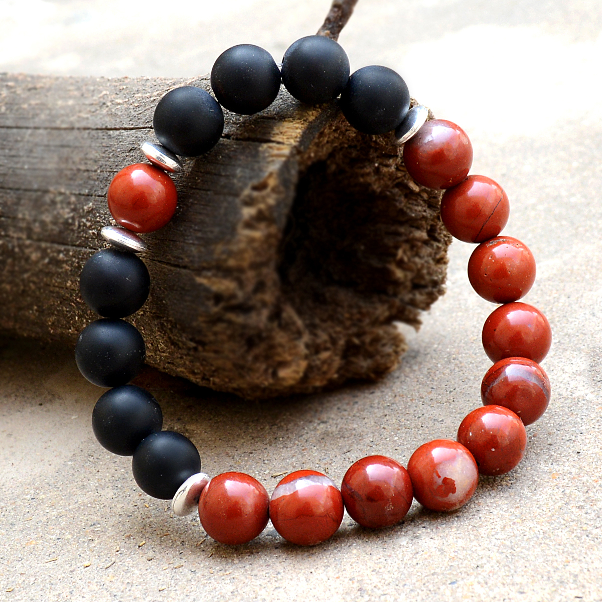 Red Jasper & Matte Onyx Silver Braclelet Pg-156246 Gender: Men