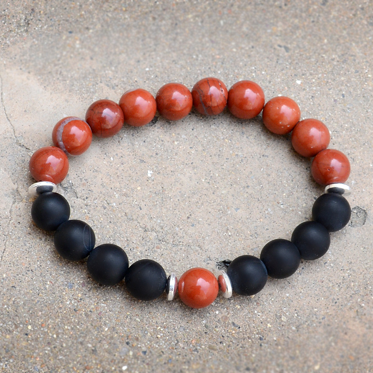 Red Jasper & Matte Onyx Silver Braclelet Pg-156246 Gender: Men